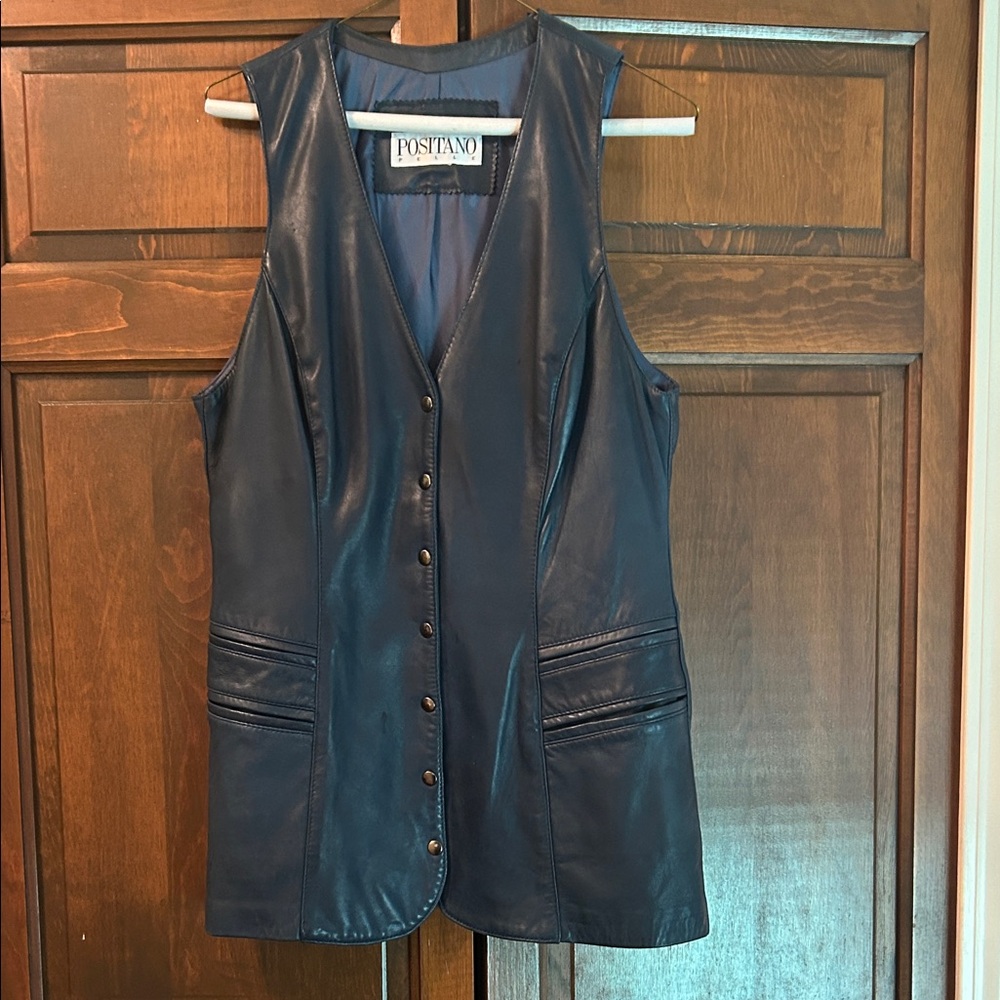 Positano mid-thigh length Navy Leather Vest